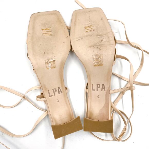 LPA Loren Block Heel Sandals Tan Leather Strappy Ankle Wrap Sz 9 Square Toe - Picture 9 of 11